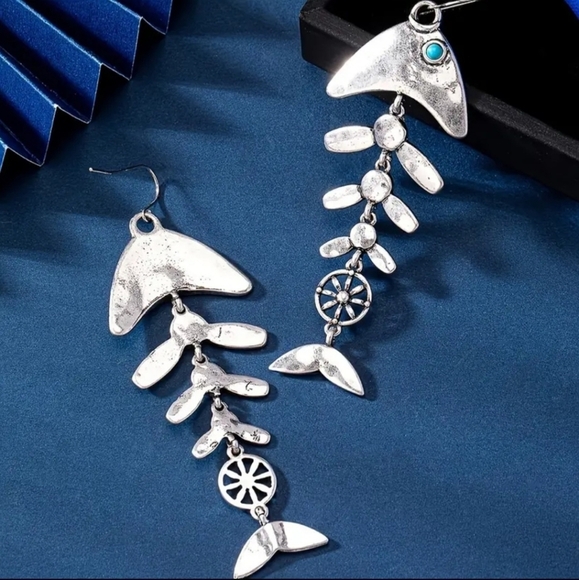 Vintage Inspired Boho Fish Bone Dangle Earrings With Turquoise Accents - Picture 3 of 13